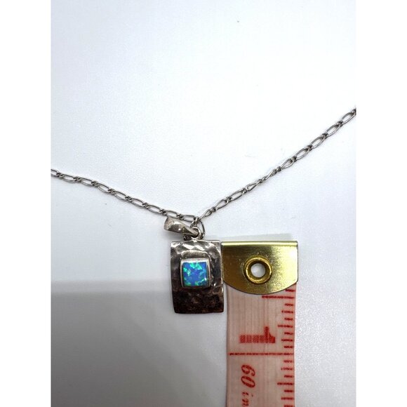Sterling Silver 925 Necklace Artisan Hammered Pendant Blue Opal Style Inlay 16" - Picture 7 of 11
